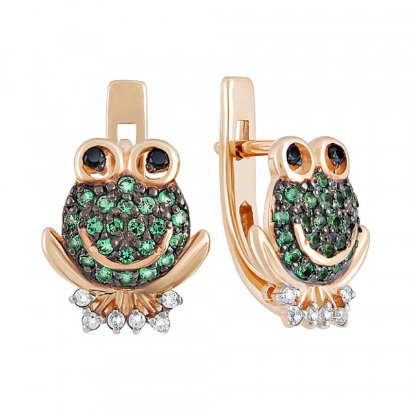 Золотые серьги с изумрудом иск.выр. и фианитом № 129806