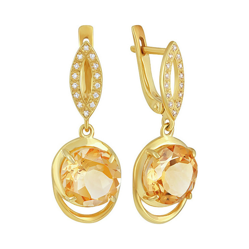 Серебряные серьги с цитрином,  фианитом и золотым покрытием № 133938