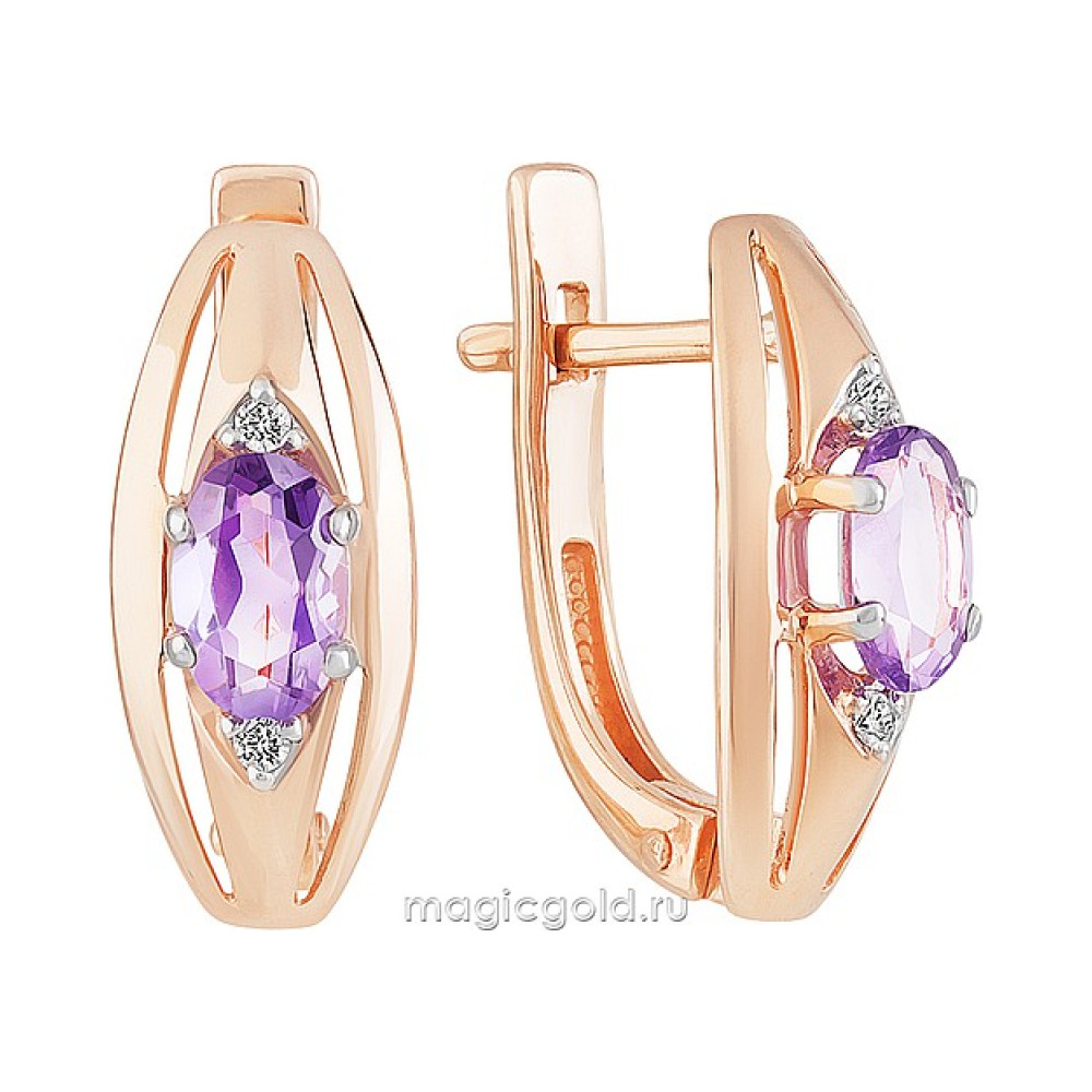 Золотые серьги с аметистом и фианитом № 142188