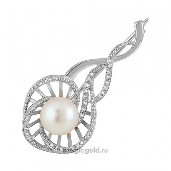 Серебряная брошь с жемчугом и фианитом № 137758