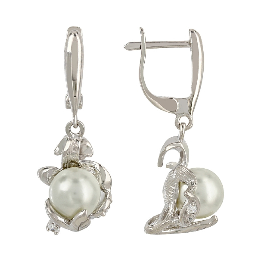 Серебряные серьги с имитац. жемчуга и фианитом № 106306