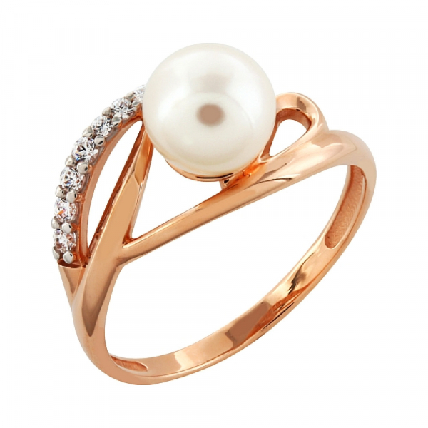 Золотое кольцо с жемчугом и фианитом № 97051