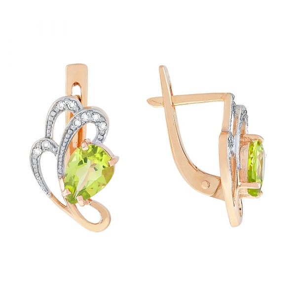 Золотые серьги с хризолитом и фианитом № 97364