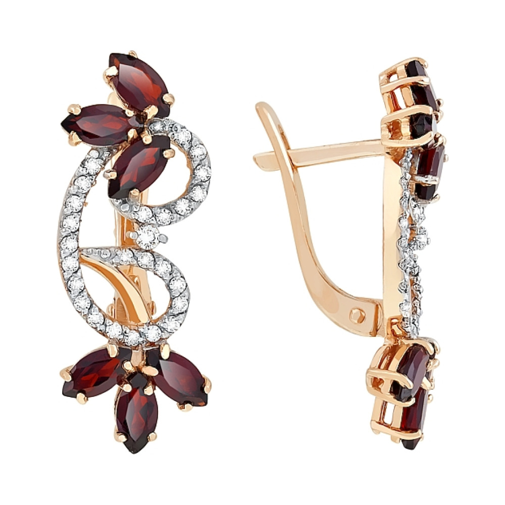 Золотые серьги с гранатом и фианитом № 85184