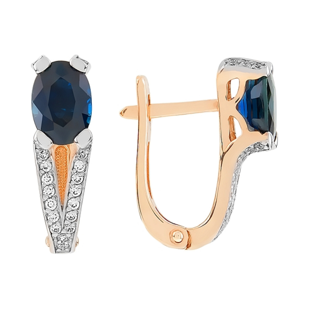 Золотые серьги с бриллиантом и сапфиром № 101117