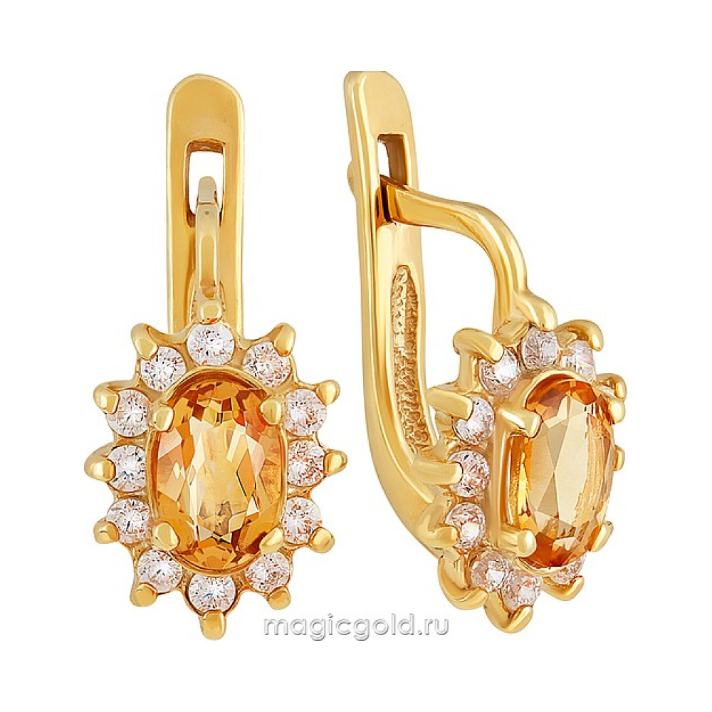Серебряные серьги с цитрином,  фианитом и золотым покрытием № 135685