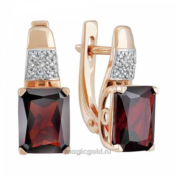 Золотые серьги с гранатом и фианитом № 139097