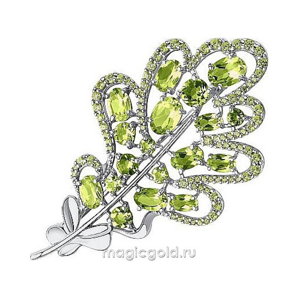 Серебряная брошь с хризолитом и фианитом № 173186