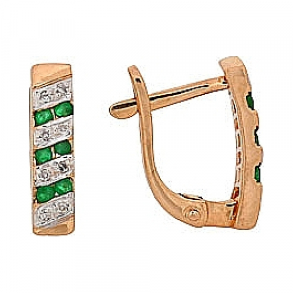 Золотые серьги с бриллиантом и изумрудом № 68907