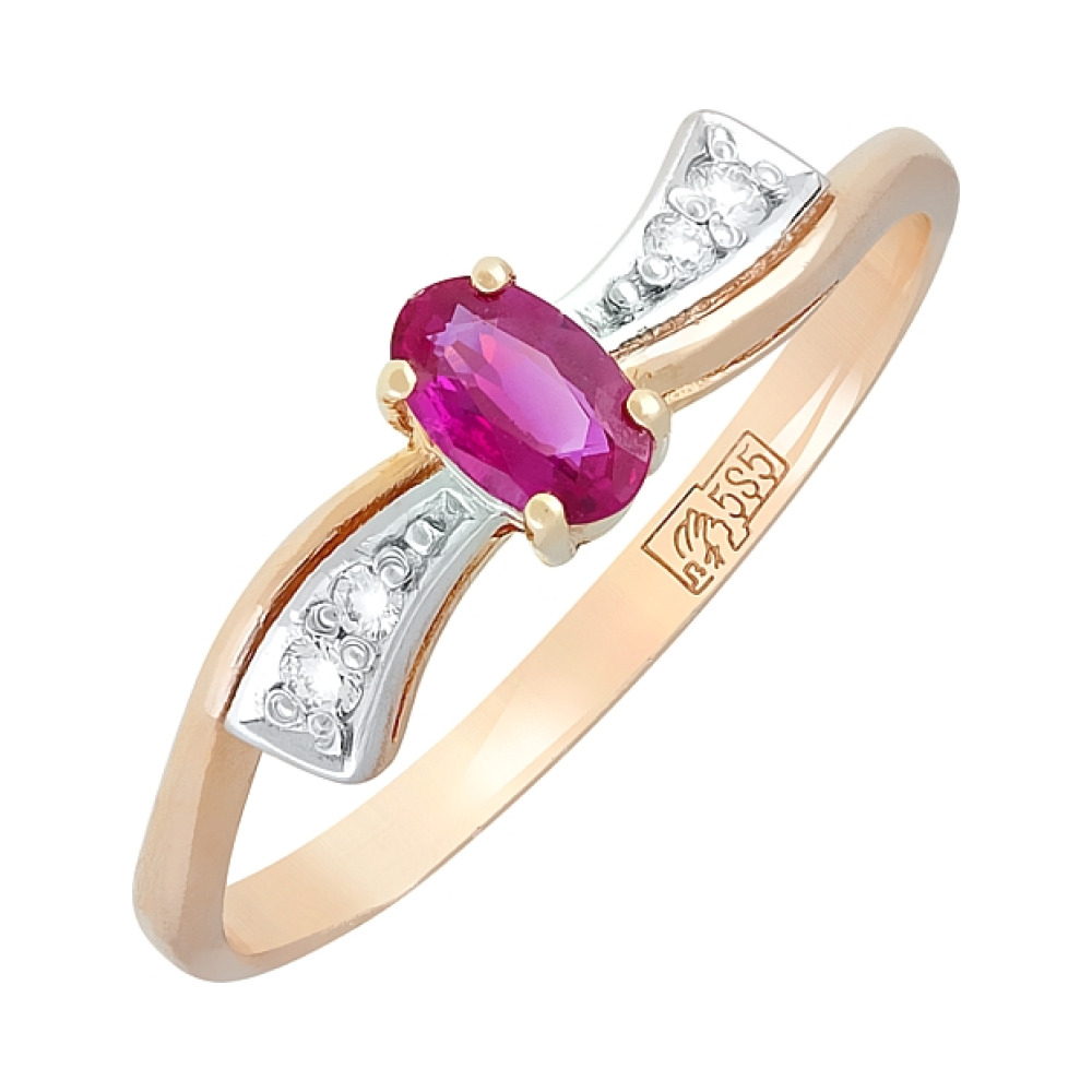 Золотое кольцо с бриллиантом и рубином № 84461