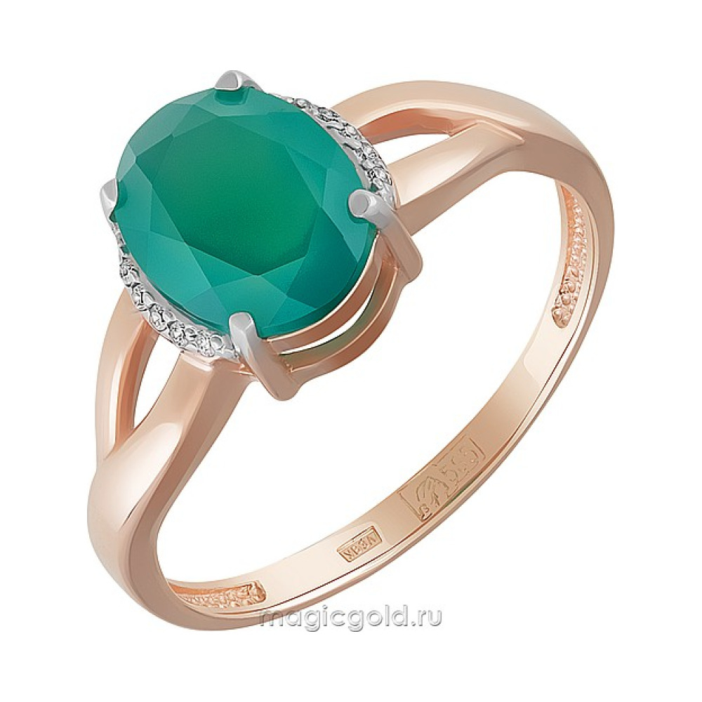 Золотое кольцо с зелёным ониксом и фианитом № 162072