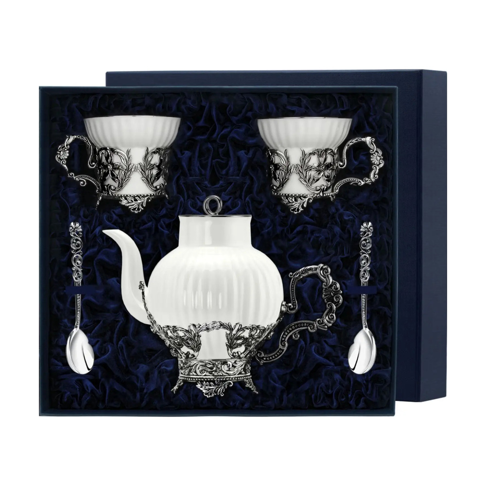 Набор Симфония: чашка, ложка, чайник в футляре из серебра 925 пробы