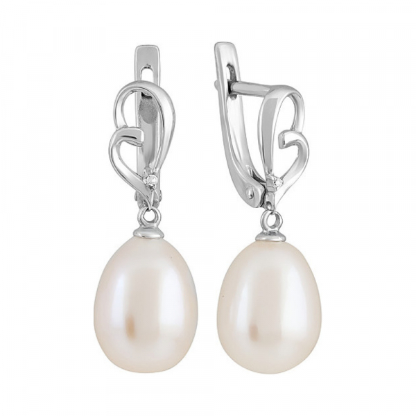 Серебряные серьги с жемчугом и фианитом № 131568