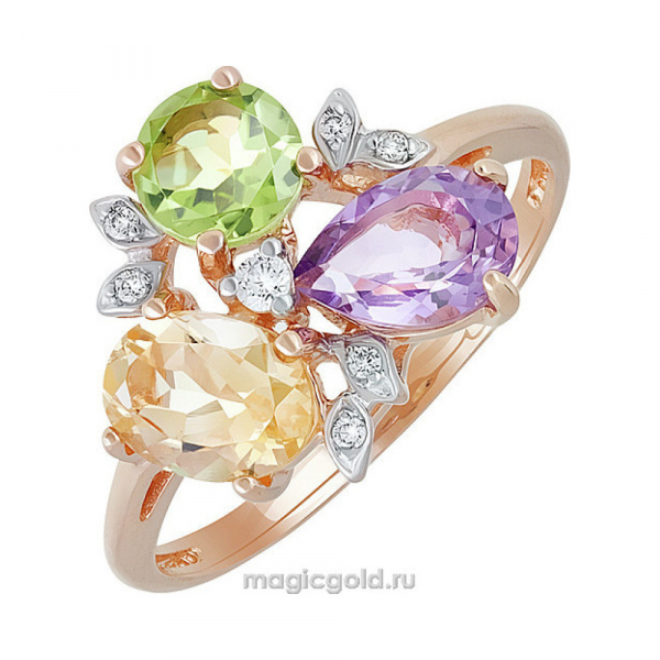 Золотое кольцо с полудрагоценными вставками и фианитом № 121791