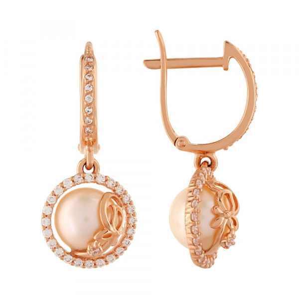 Золотые серьги с жемчугом и фианитом № 103598