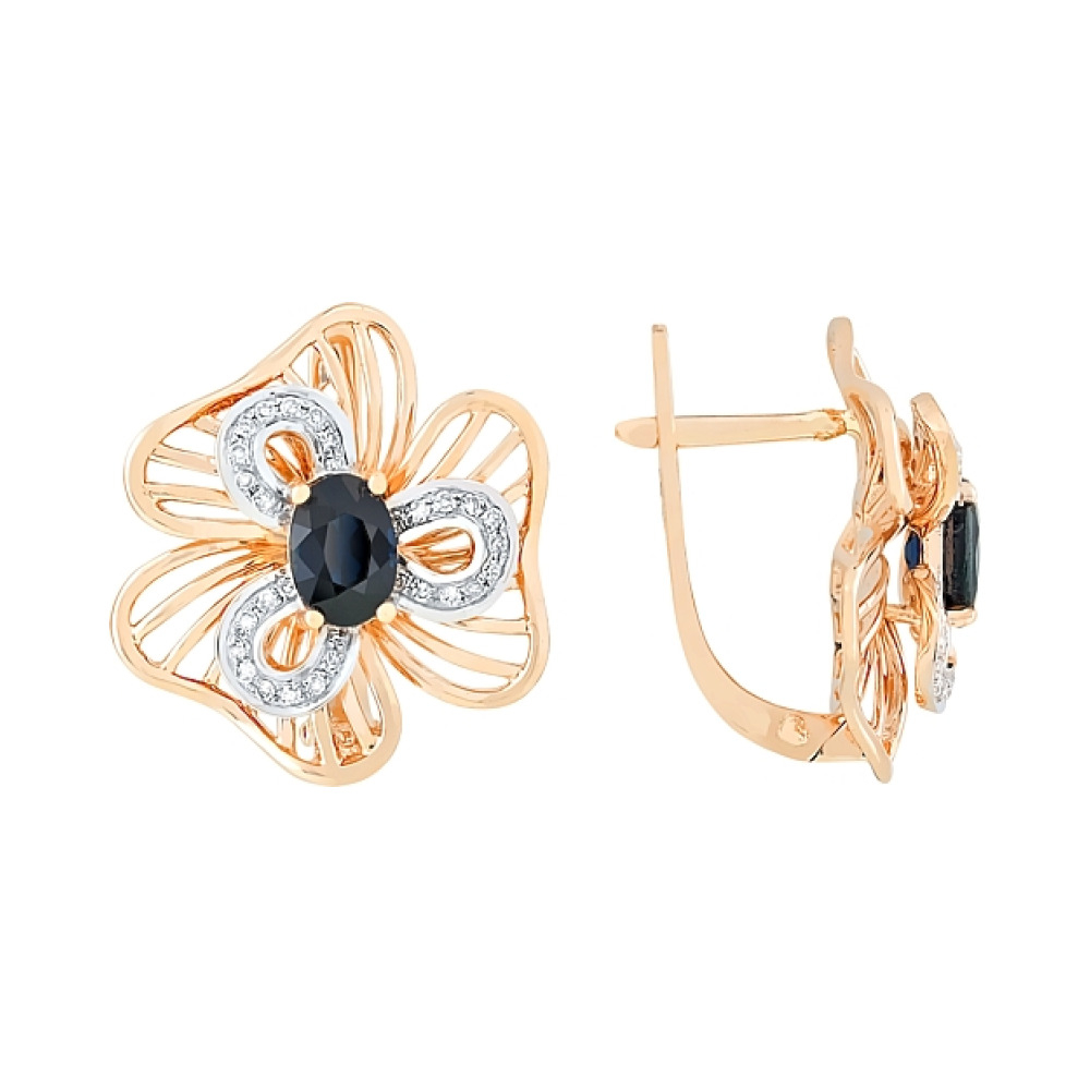 Золотые серьги с бриллиантом и сапфиром № 113734