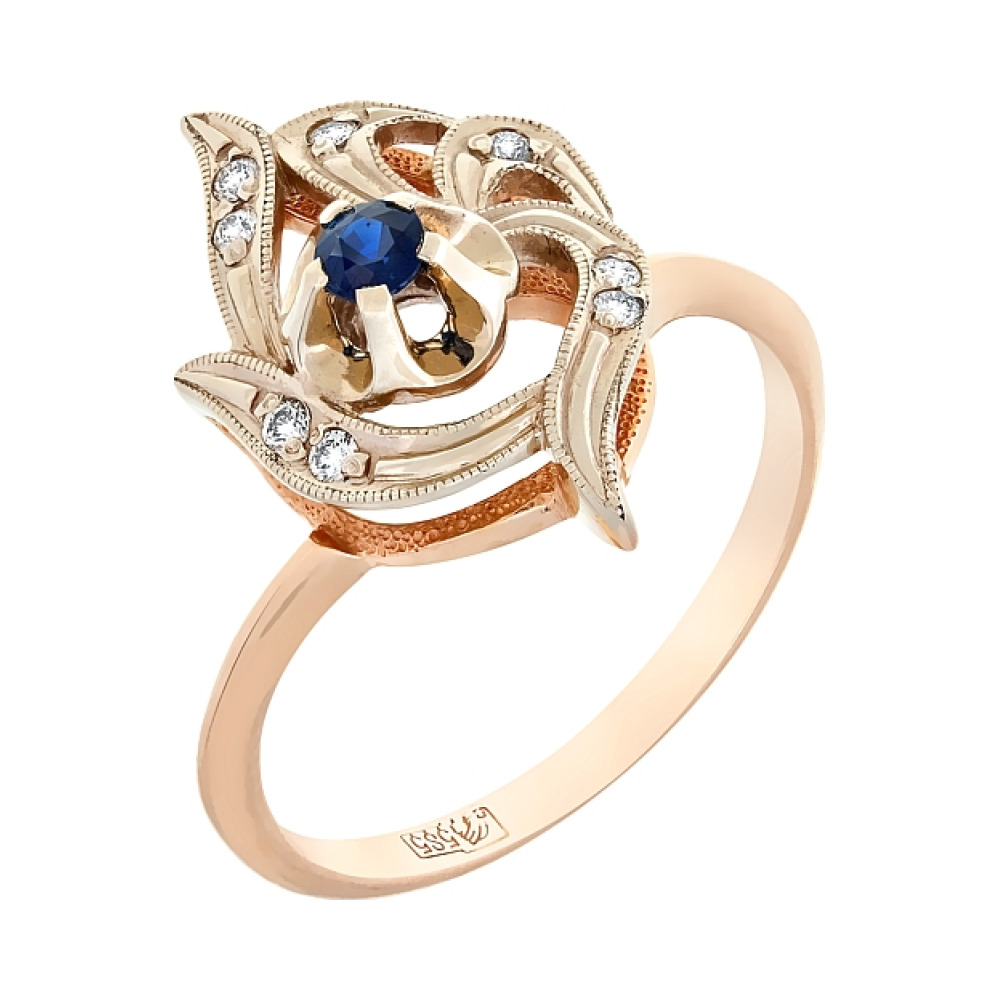 Золотое кольцо с бриллиантом и сапфиром № 29597