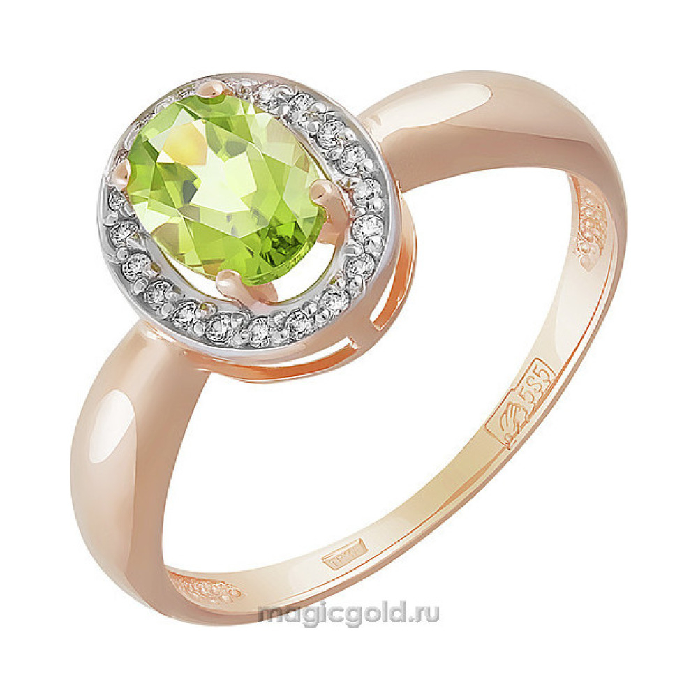 Золотое кольцо с хризолитом и фианитом № 158824