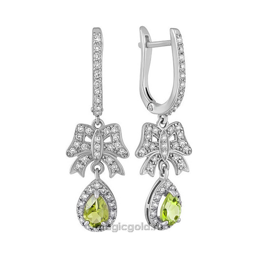 Серебряные серьги с хризолитом и фианитом № 134183