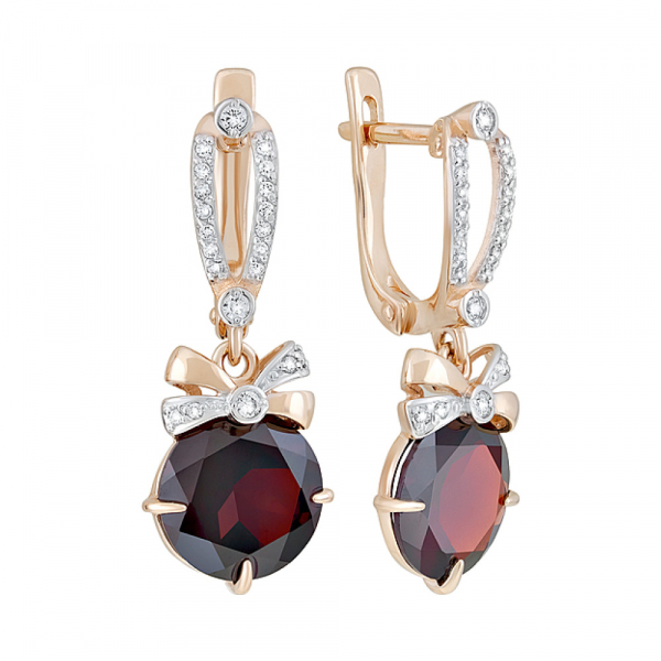 Золотые серьги с гранатом и фианитом № 126976