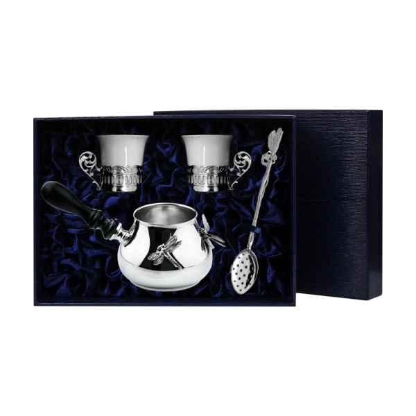 Набор Богема с туркой Стрекоза: ситечко, турка, чашка из серебра 925 пробы