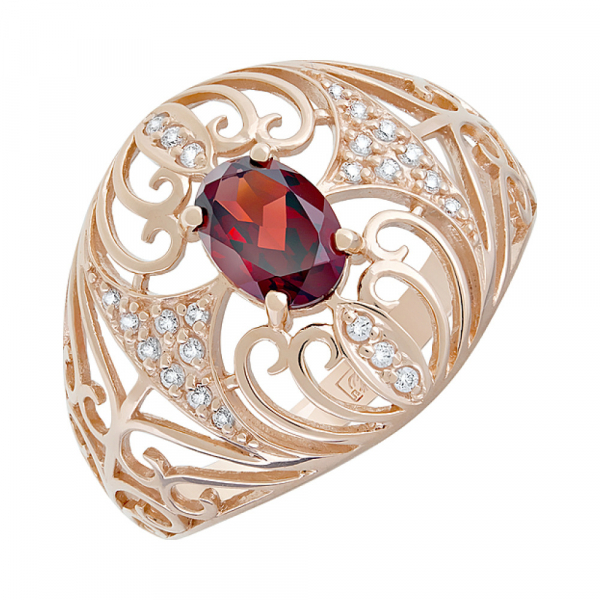 Золотое кольцо с гранатом и фианитом № 126377