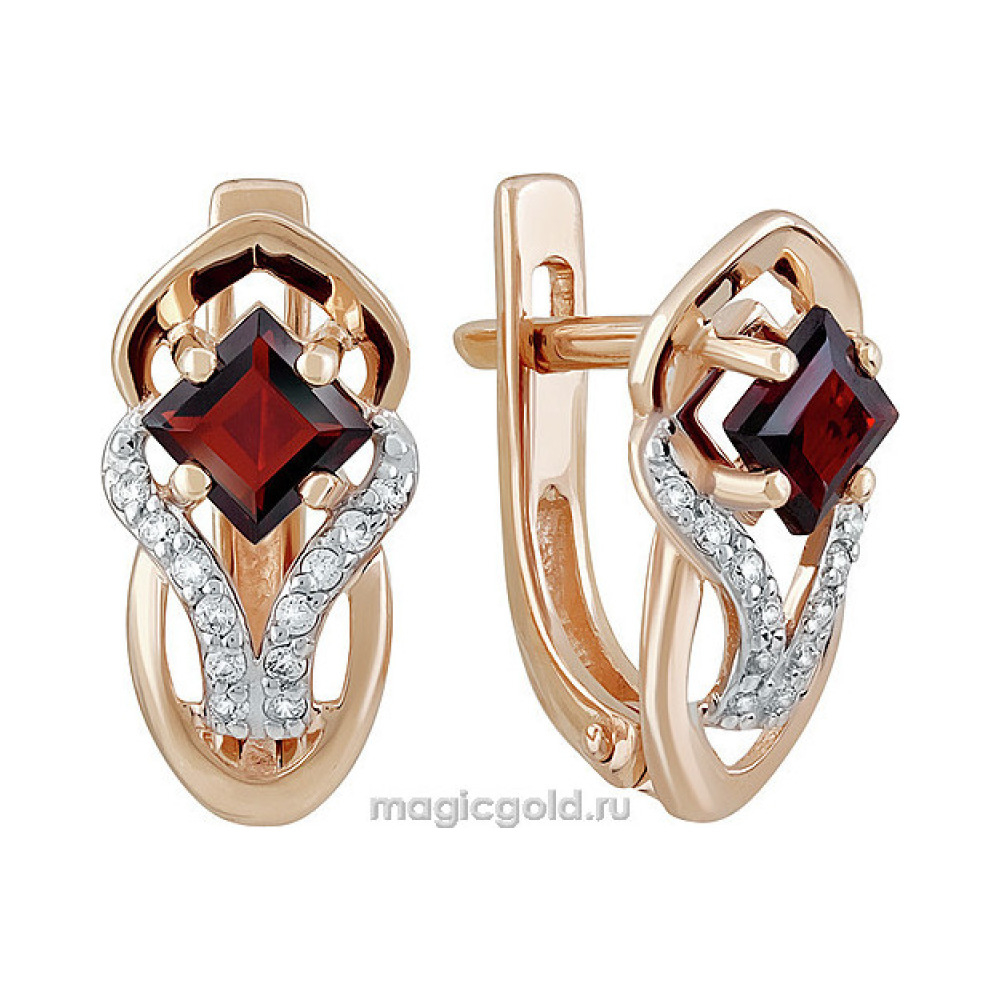 Золотые серьги с гранатом и фианитом № 141391