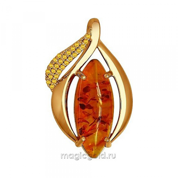 Серебряная подвеска с янтарем, фианитом и золотым покрытием № 141106