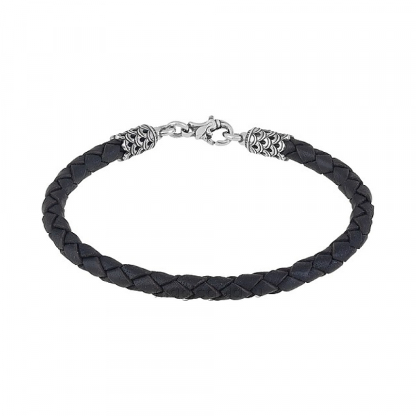 Серебряный браслет плетеный кожаный № 159720