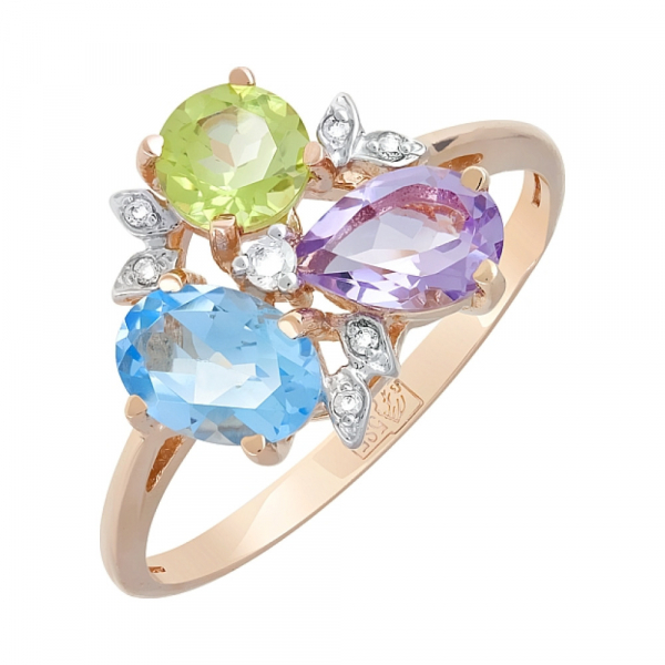 Золотое кольцо с полудрагоценными вставками и фианитом № 119625