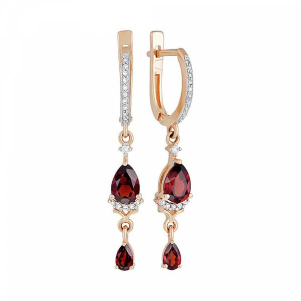 Золотые серьги с гранатом и фианитом № 132317
