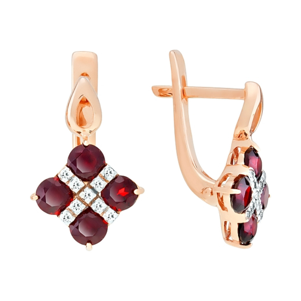 Золотые серьги с гранатом и фианитом № 106422
