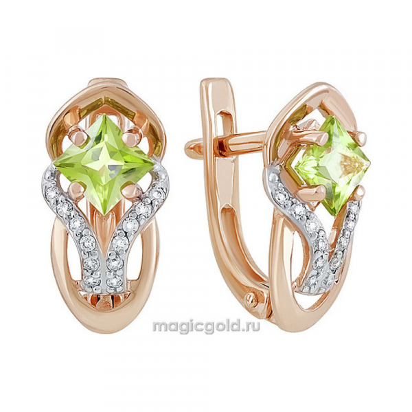 Золотые серьги с хризолитом и фианитом № 141400