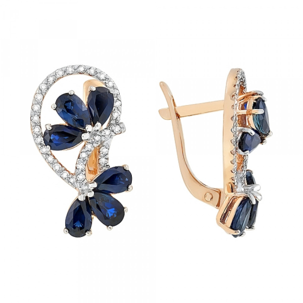 Золотые серьги с бриллиантом и сапфиром № 84444