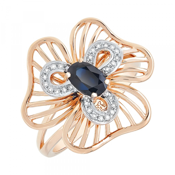 Золотое кольцо с бриллиантом и сапфиром № 113764