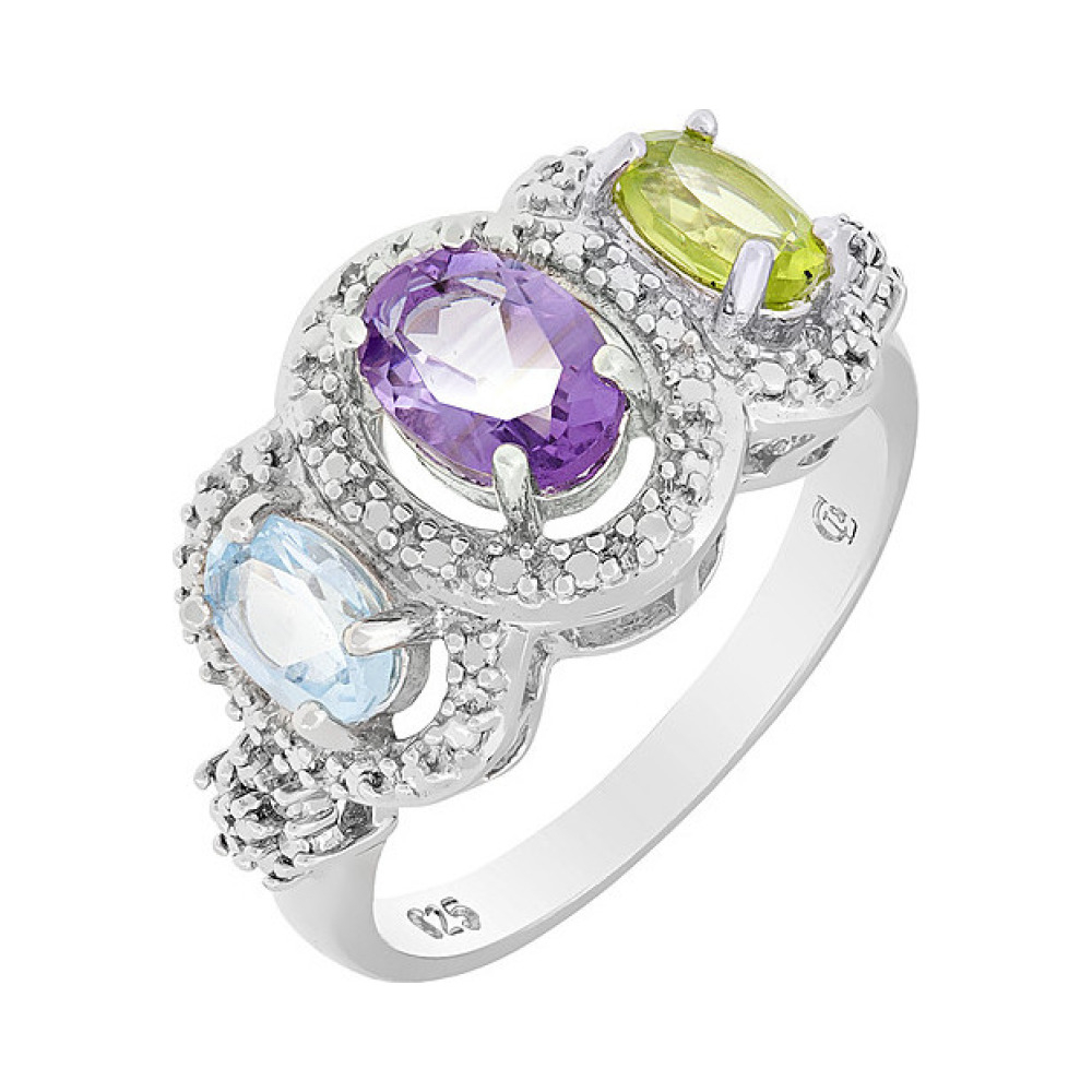 Серебряное кольцо с оливин., амет., топаз. и фианитом № 34113