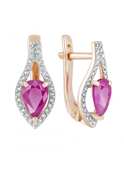 Золотые серьги с бриллиантом и рубином № 121596