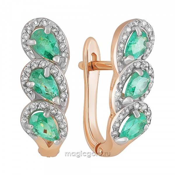 Золотые серьги с бриллиантом и изумрудом № 161288