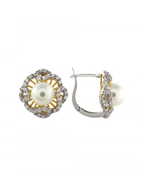 Серебряные серьги с имитац. жемчуга и фианитом № 95181