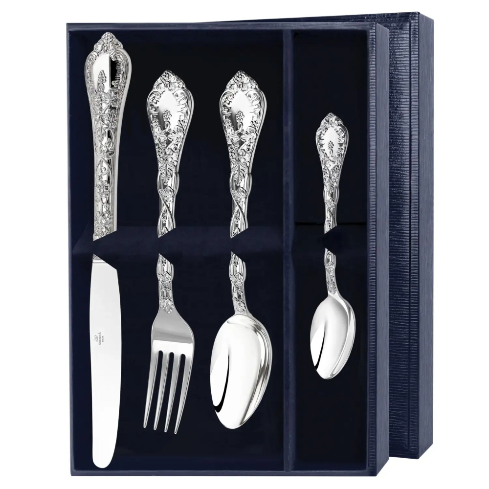 Набор столовый Виноградная лоза на 1 персону: вилка, ложка, нож, чайная ложка. из серебра 925 пробы