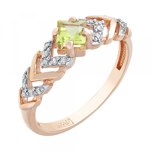 Золотое кольцо с хризолитом и фианитом № 114390