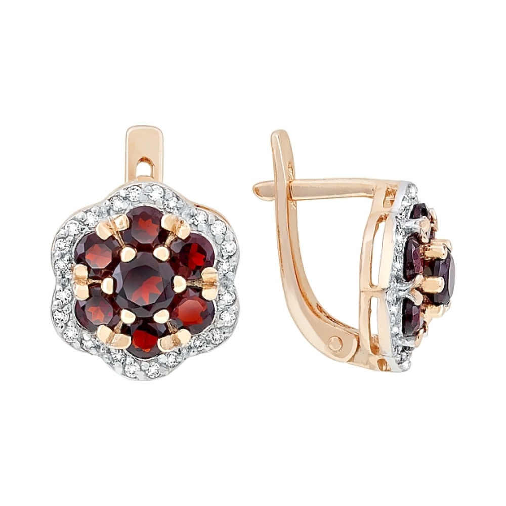 Золотые серьги с гранатом и фианитом № 116966