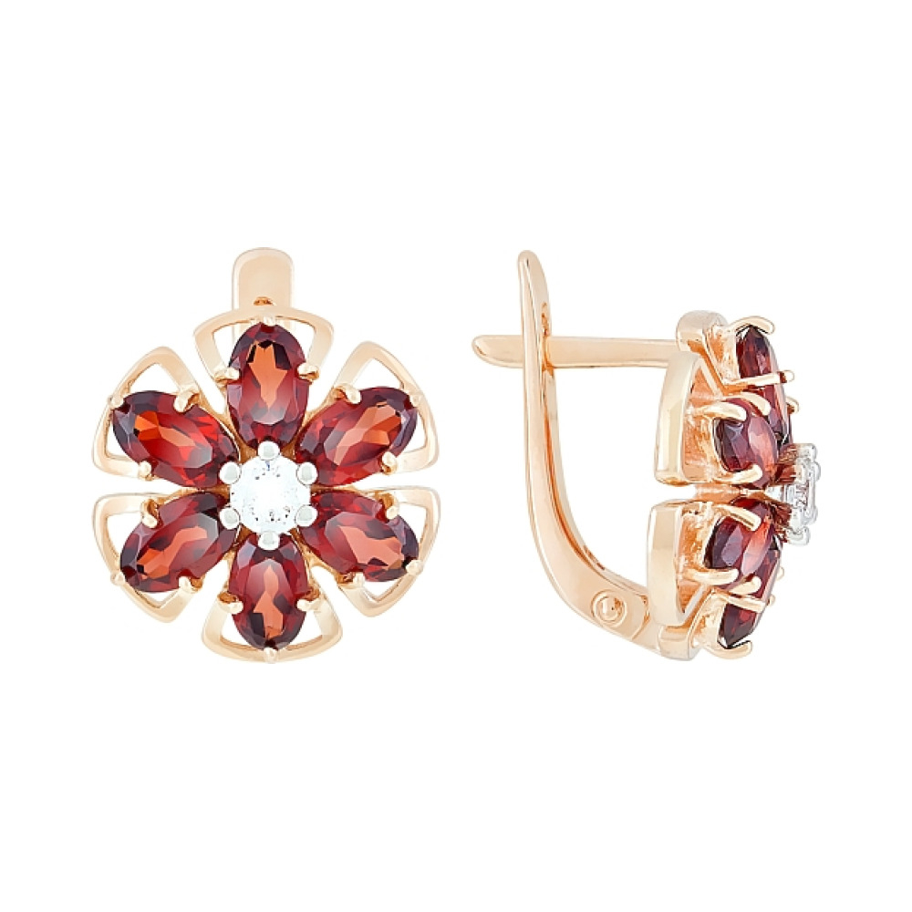Золотые серьги с гранатом и фианитом № 117949
