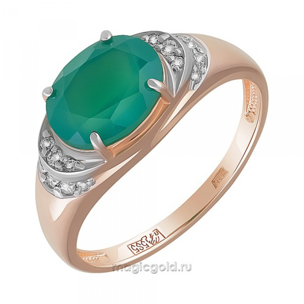 Золотое кольцо с зелёным ониксом и фианитом № 162073