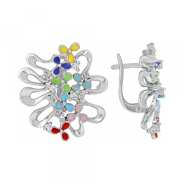 Серебряные серьги с эмалью и фианитом № 114987