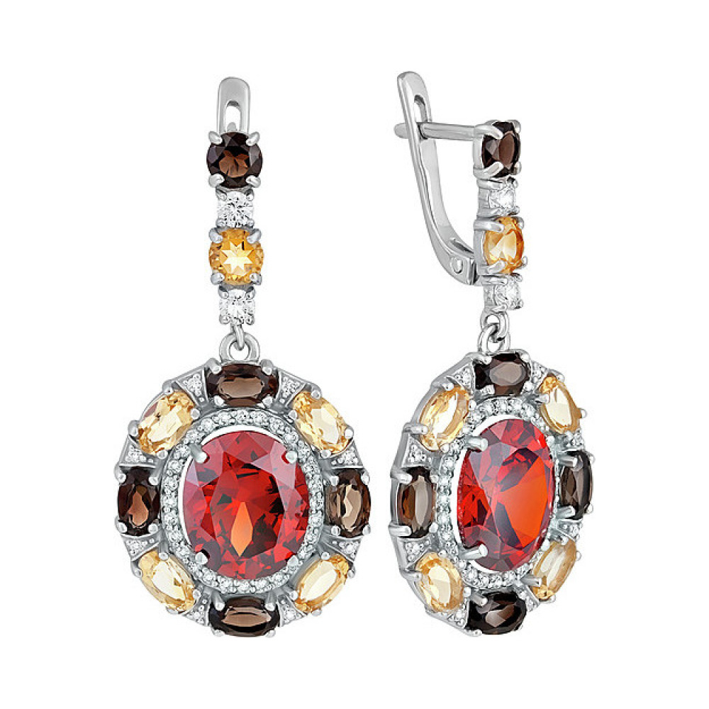 Серебряные серьги с полудрагоценными вставками и фианитом № 133557