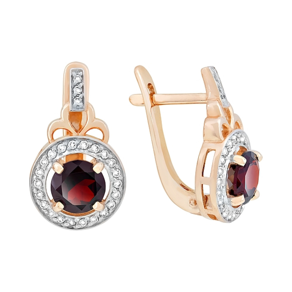 Золотые серьги с гранатом и фианитом № 117579