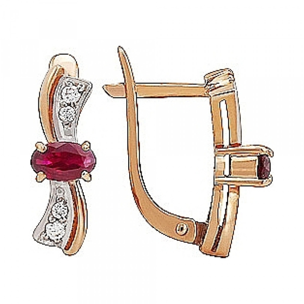Золотые серьги с бриллиантом и рубином № 84452