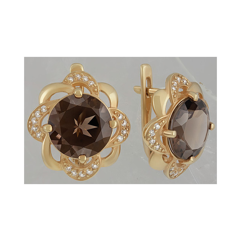 Серебряные серьги с раухтопазом, фианитом и золотым покрытием № 132631