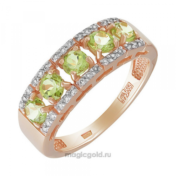 Золотое кольцо с хризолитом и фианитом № 142116